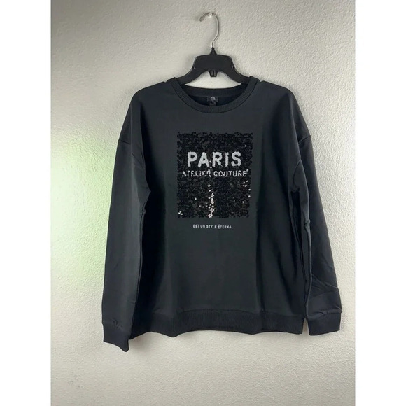 River island Sweatshirt black With Sequins Paris-themed Size S New - Picture 5 of 15